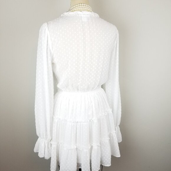 Venus White Chenille Dot Tiered Mini Dress with Long Sheer Sleeves Size Small - Picture 6 of 11